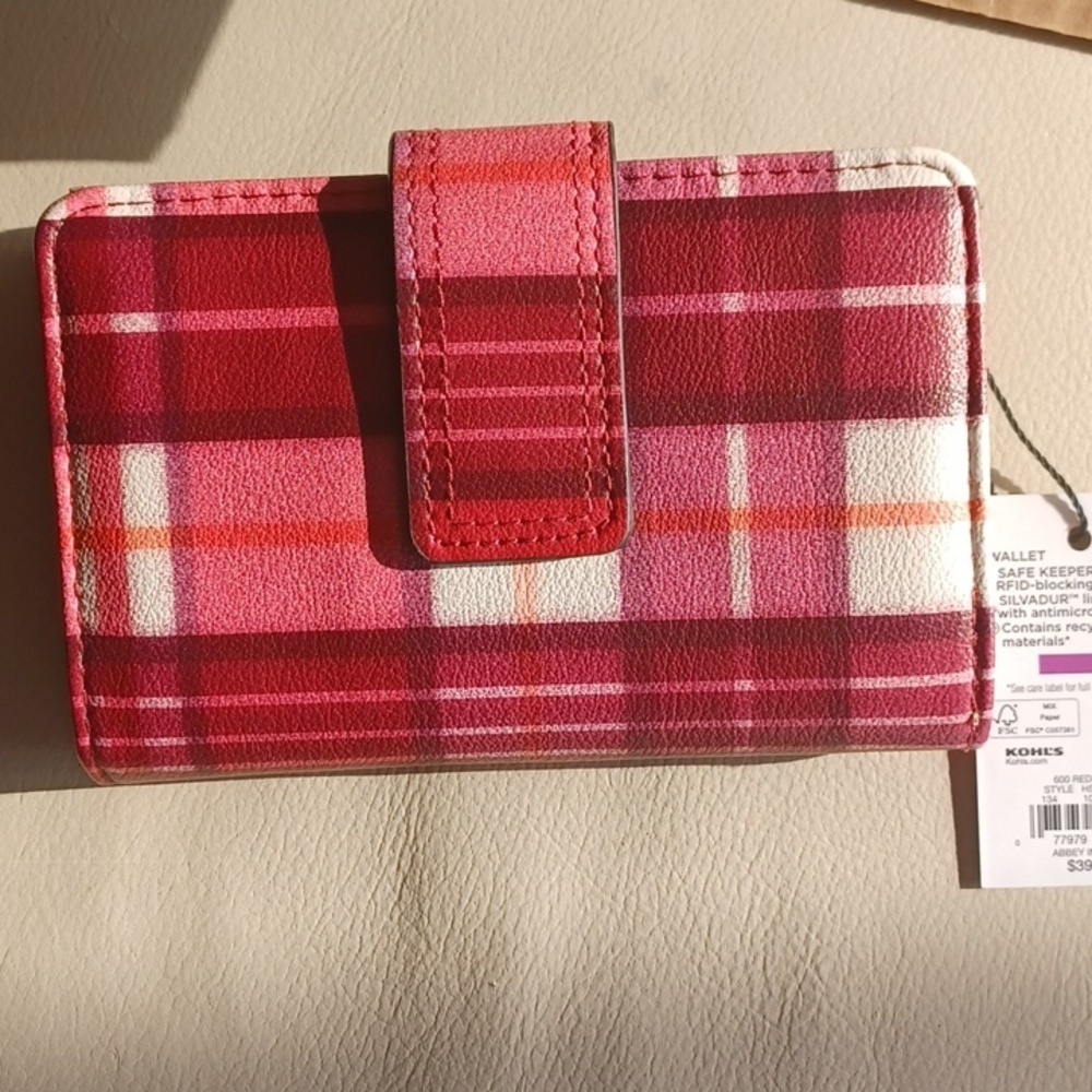 NWT Sonoma red and white plaid Safe Keeper wallet